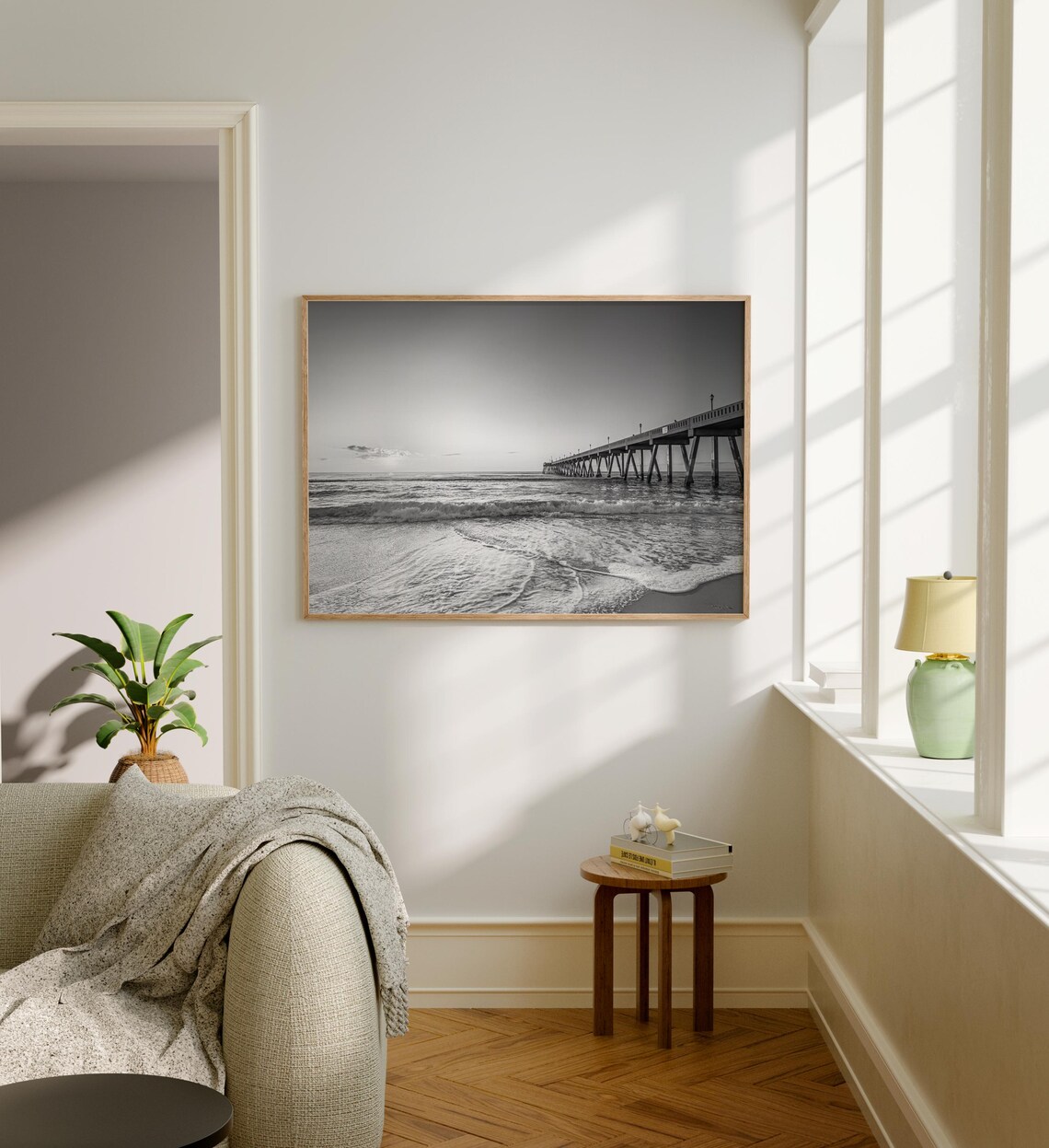 Wrightsville Beach Fishing Pier Black and White Ocean Sunrise Poster - Image 5
