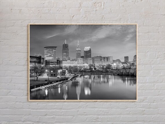 Black And White Cleveland Skyline River Reflection Night Photography Poster