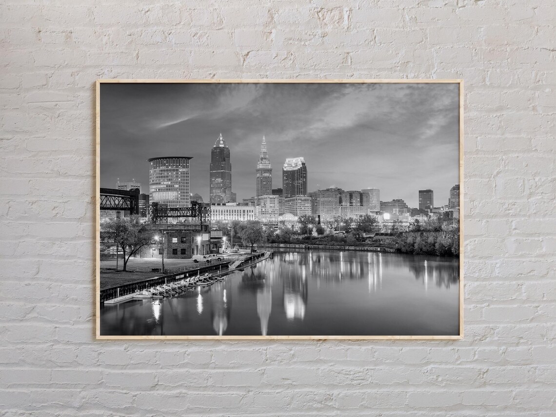Black And White Cleveland Skyline River Reflection Night Photography Poster