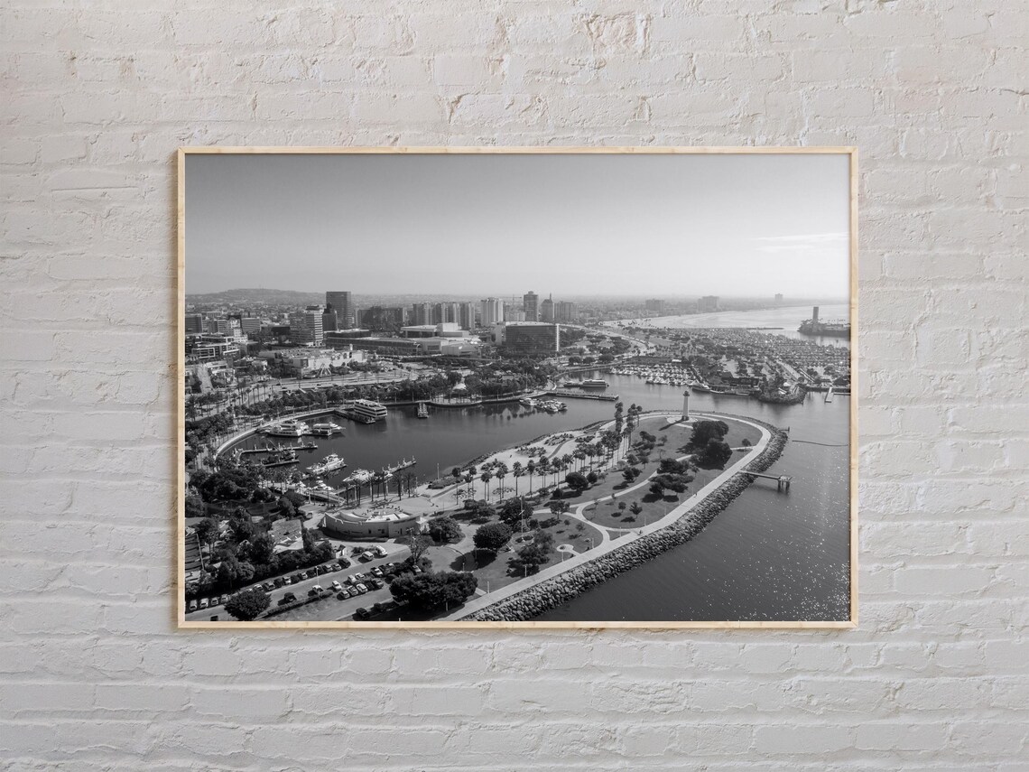 Long Beach California Harbor Aerial Black White Marina Photo Poster