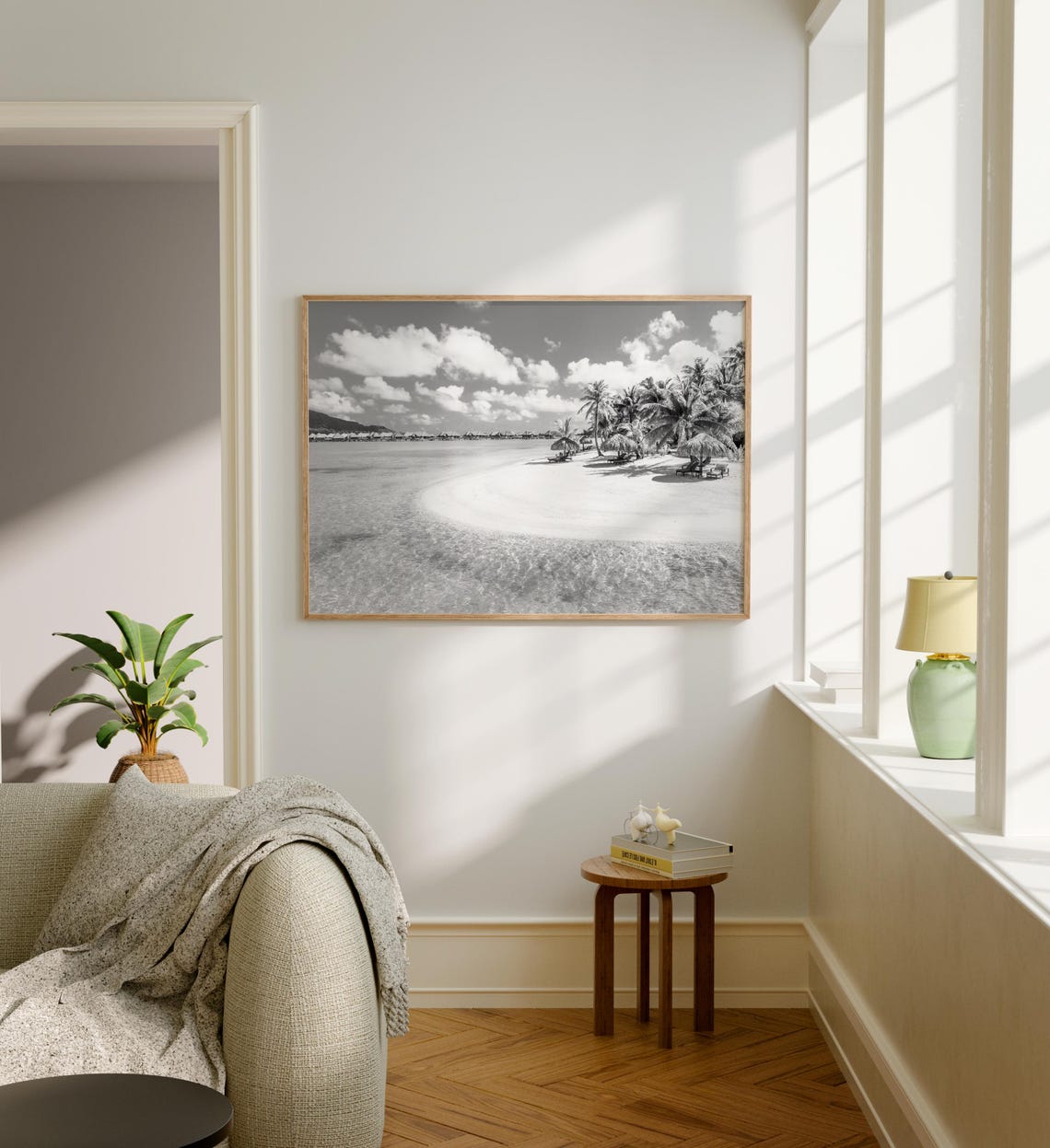 Bora Bora Tropical Beach Palm Trees Black and White Seascape Poster - Image 5