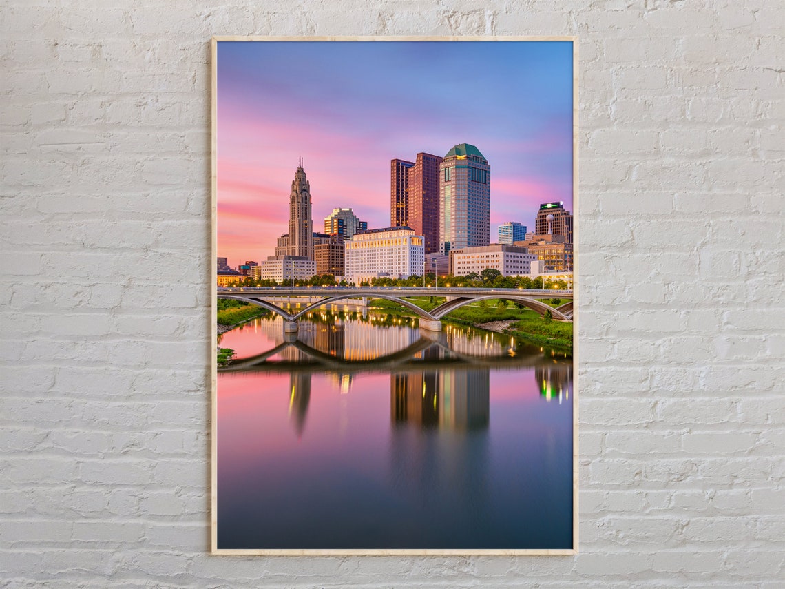 Columbus Ohio Skyline Sunset Broad Street Bridge River View Poster