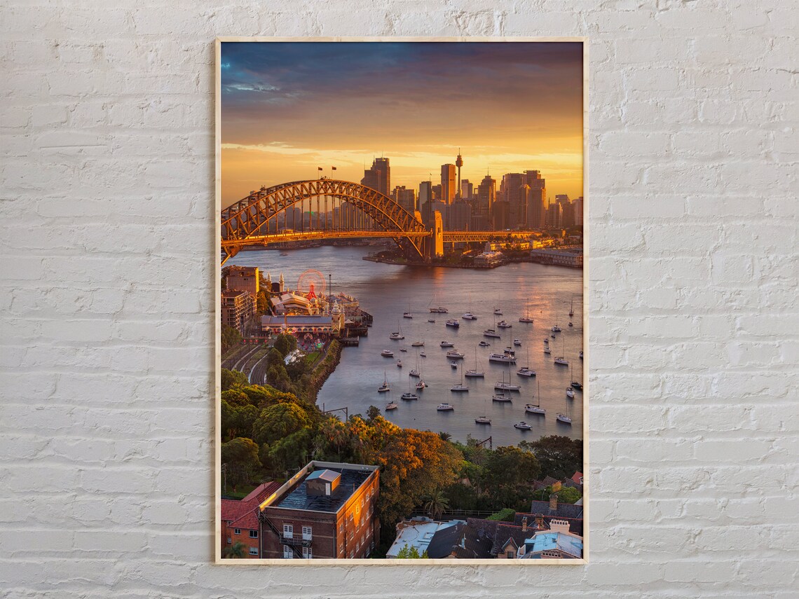 Australia Sydney Harbour Bridge Sunset City Skyline Sailboats Poster