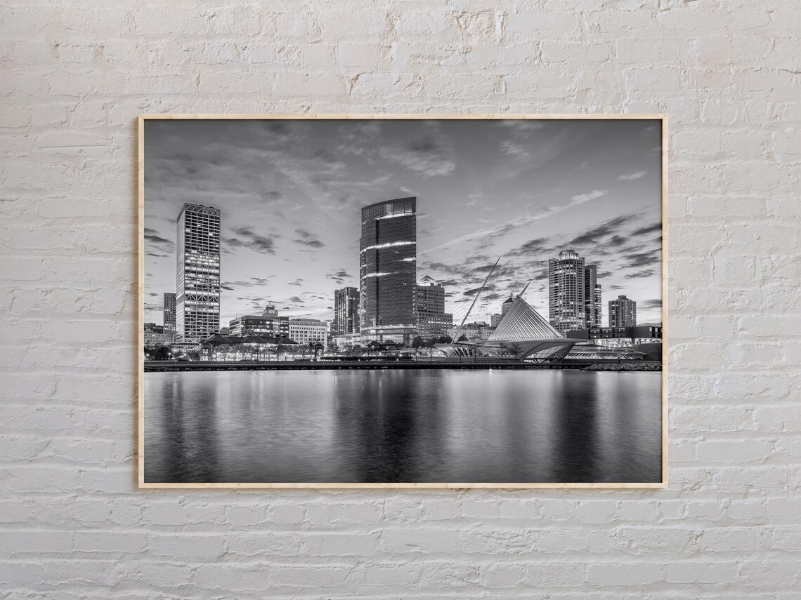 Milwaukee Lakefront Skyline Black and White Art Museum Dusk Poster