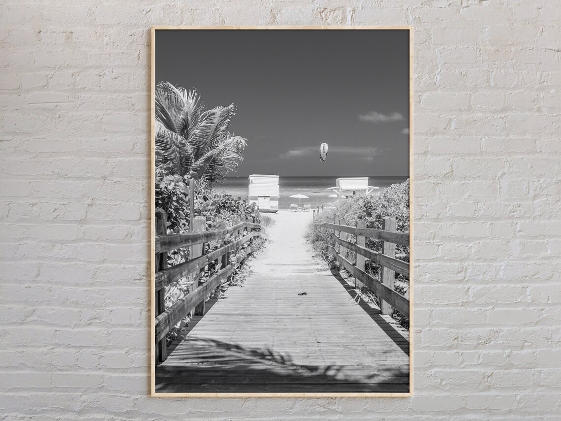 Florida Beach Boardwalk Palms Sunny Black And White Photo Poster