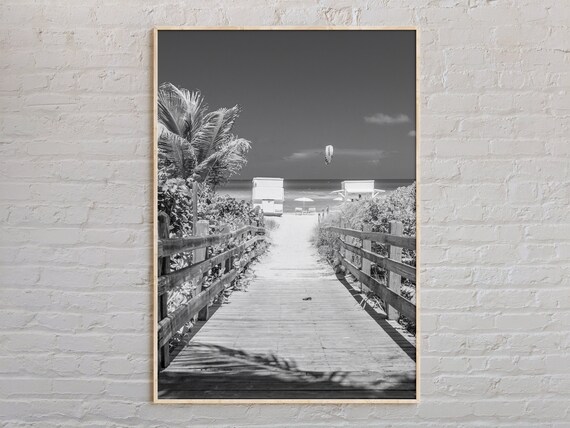 Florida Beach Boardwalk Palms Sunny Black And White Photo Poster