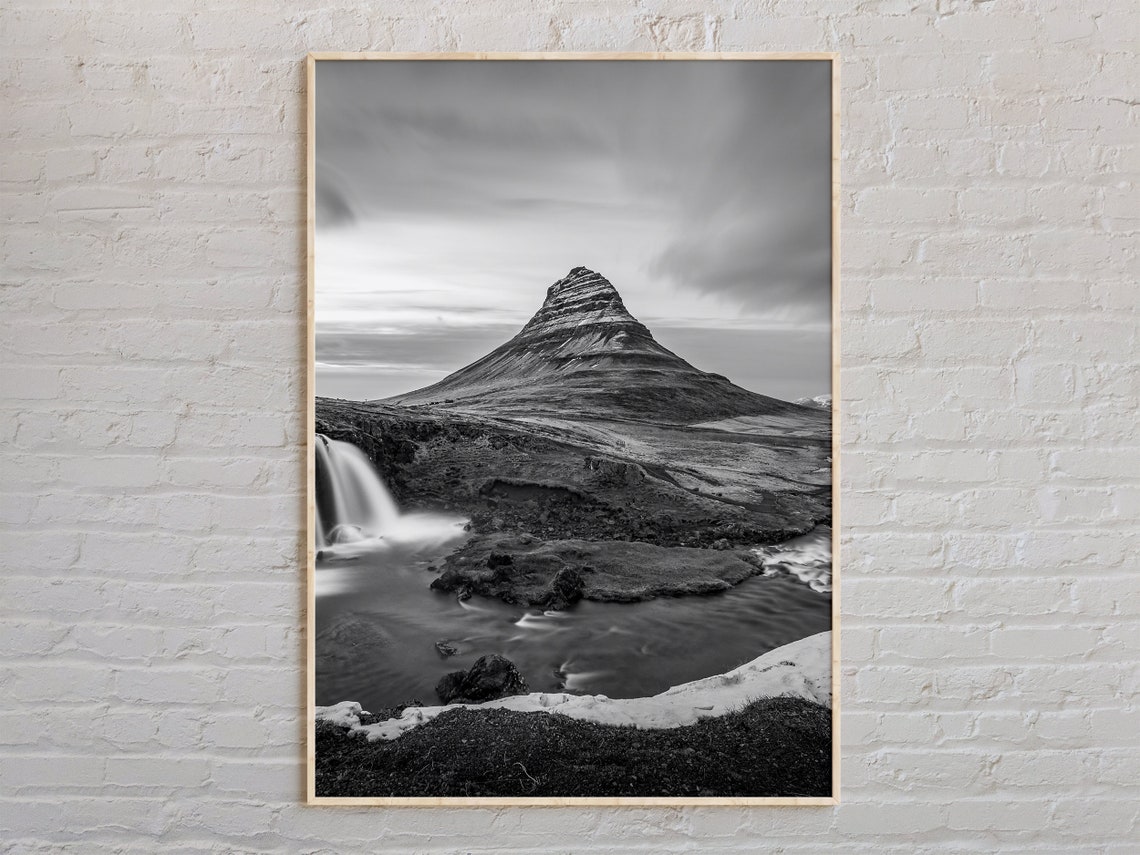 Kirkjufell Iceland Waterfall Black White Dramatic Nature Poster