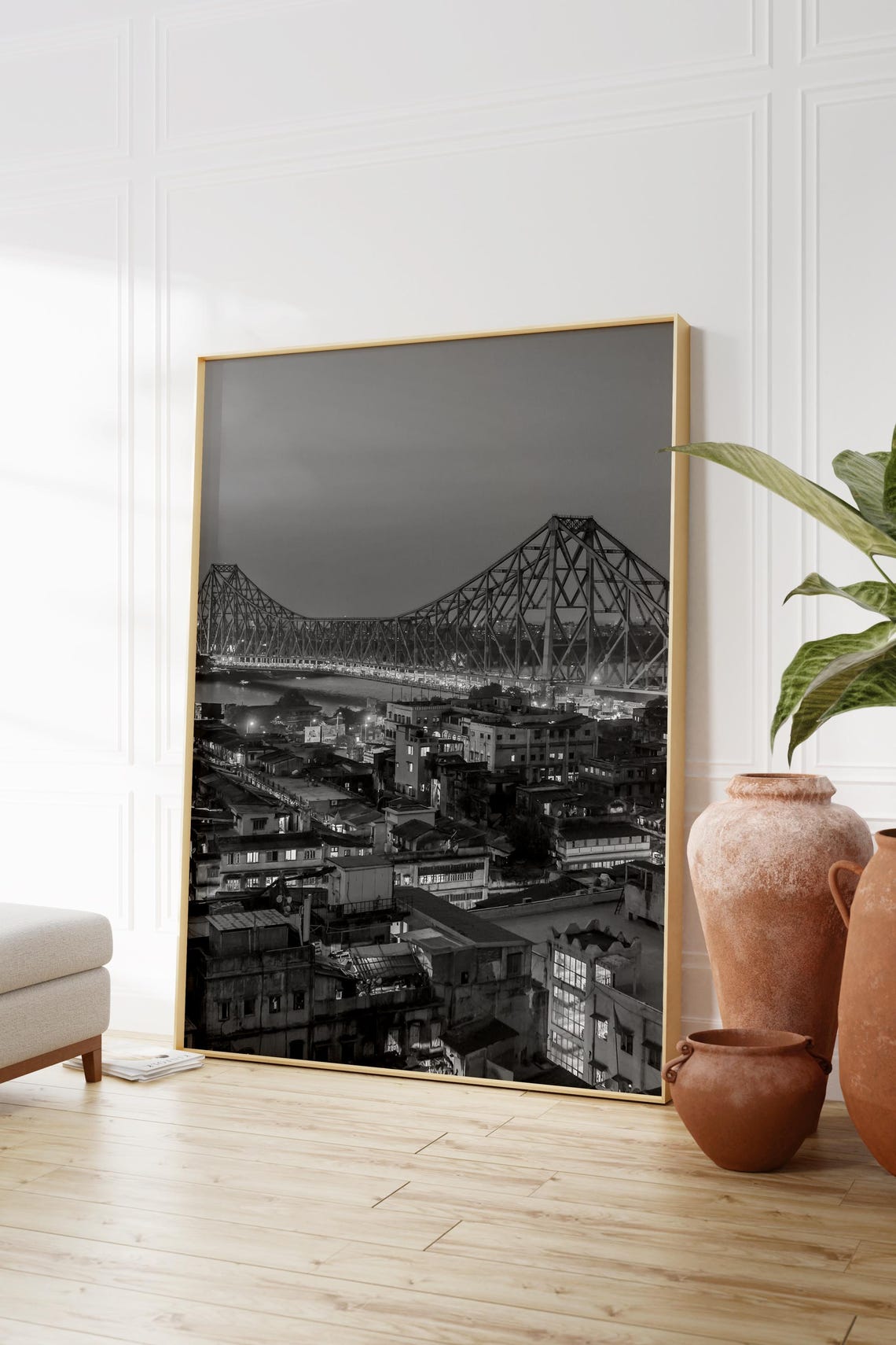Kolkata Howrah Bridge Night Black White Landmark Landscape Poster - Image 2