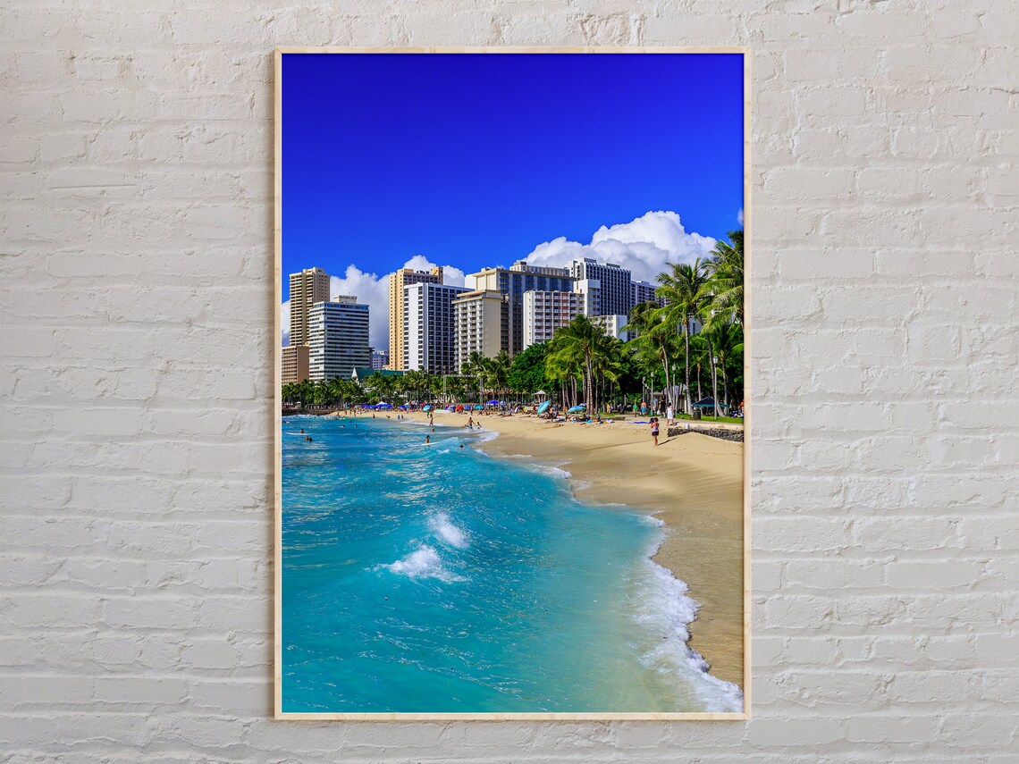 Honolulu Waikiki Beach Hotels and Palm Trees Hawaii Travel Photography Poster