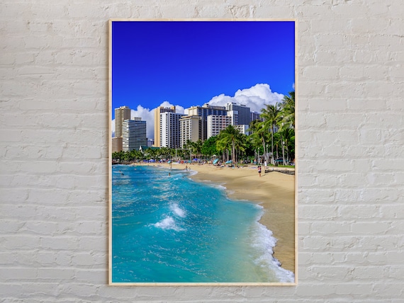 Honolulu Waikiki Beach Hotels and Palm Trees Hawaii Travel Photography Poster