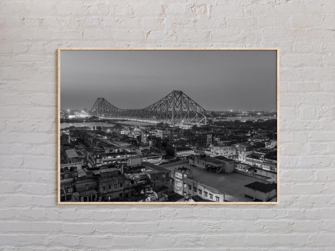 Kolkata Howrah Bridge Iconic Steel Span Dusk Black White Poster