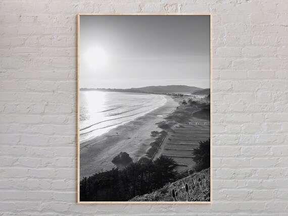 Black And White Sunlit Beach Shoreline Ocean Waves Photo Print