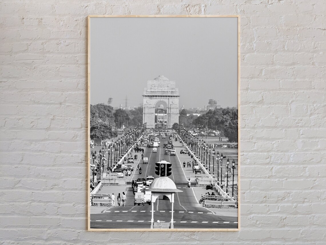 Delhi India Gate Black and White Busy Avenue Landmark Travel Poster