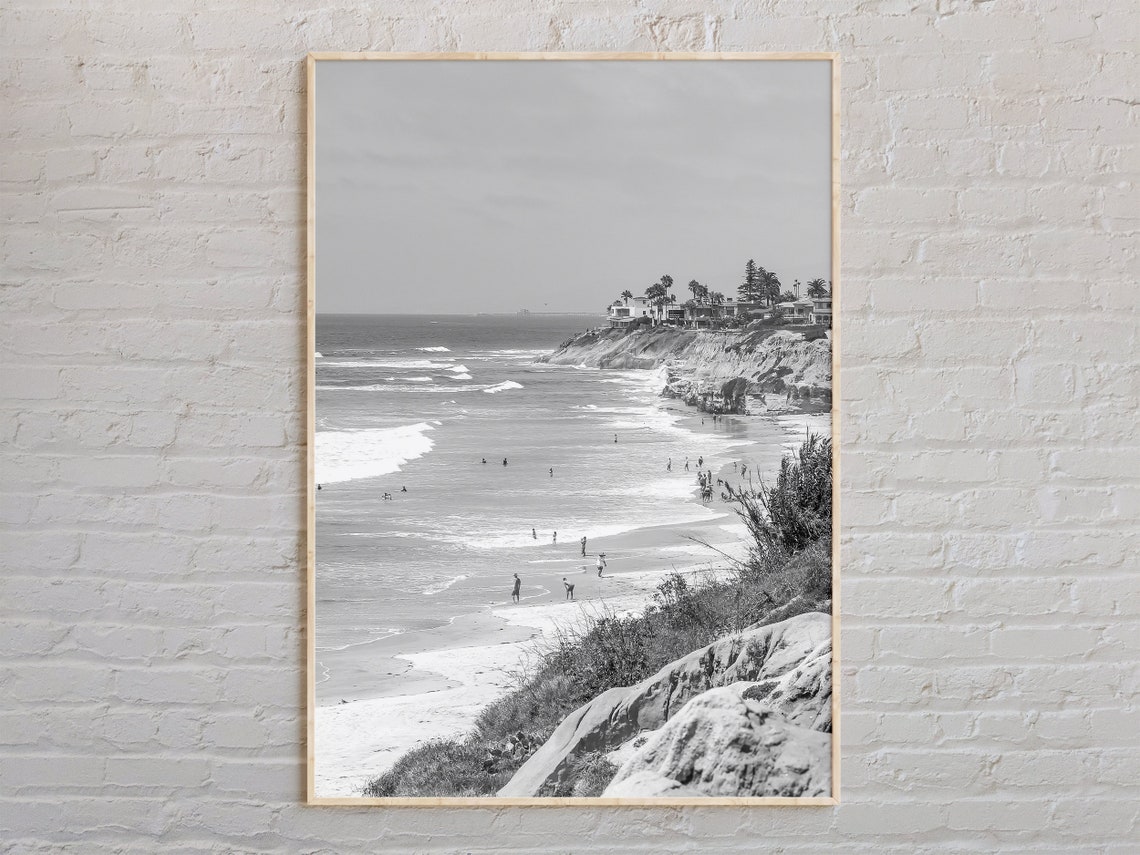 Carlsbad California Coast Beach Cliffs Black And White Photo Poster