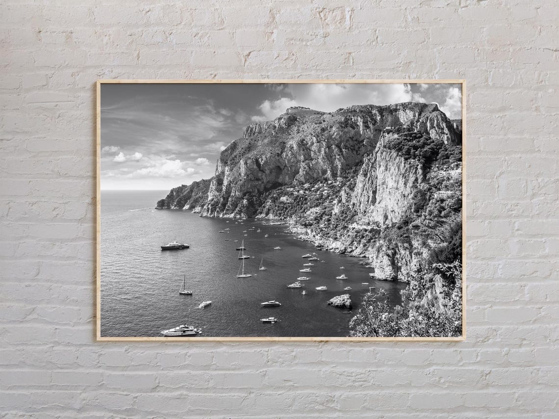 Capri Cliffs Boats Poster Black White Italian Coast Naples Campania