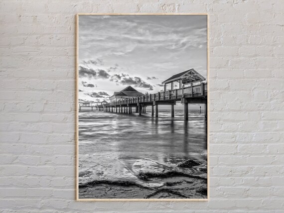 Clearwater Beach Pier Over Ocean Waves Black White Photo Poster