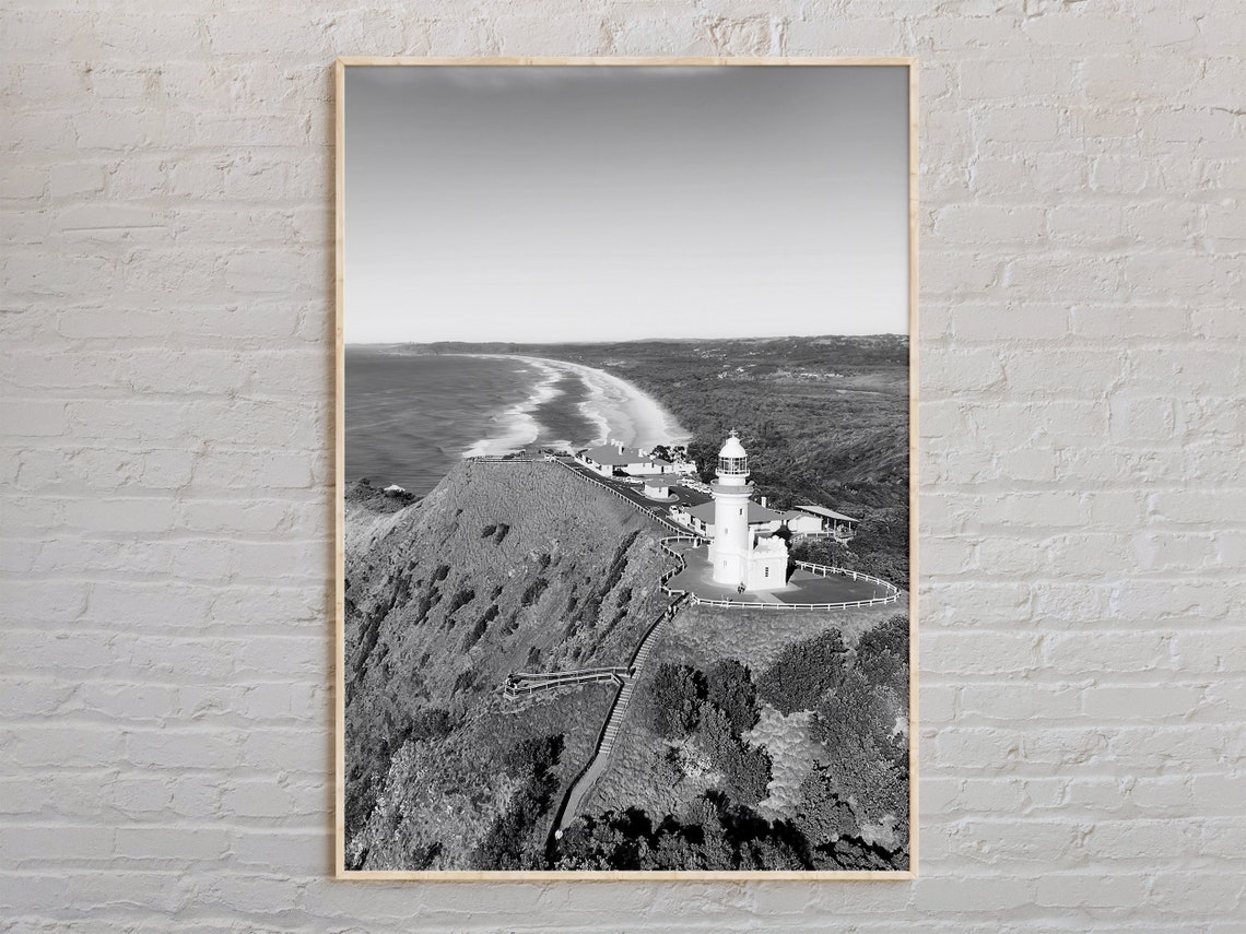 Byron Bay Lighthouse Aerial Black and White Australia Coastline Poster