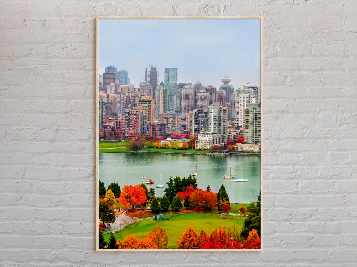 Real Photo Vancouver Canada Skyline Autumn Harbor Sailboats Poster