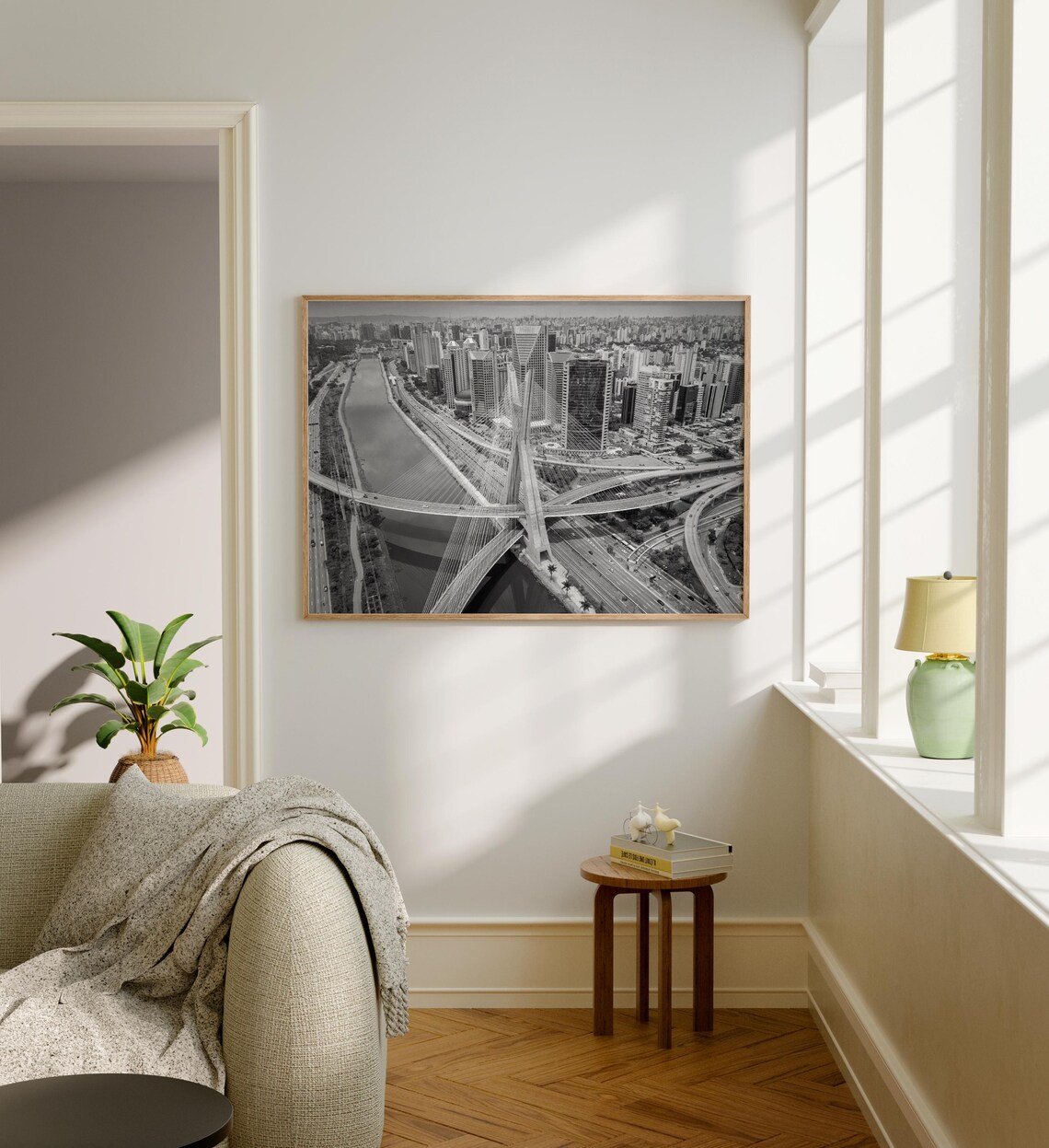 Sao Paulo Brazil Ponte Estaiada Bridge Aerial Black and White Poster - Image 4