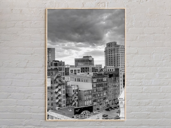 Detroit Rooftop Cityscape Moody Black And White Photo Poster