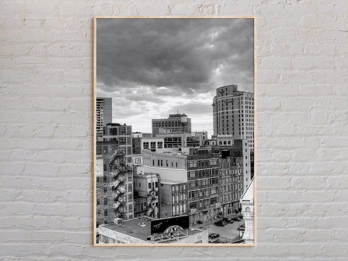 Detroit Rooftop Cityscape Moody Black And White Photo Poster