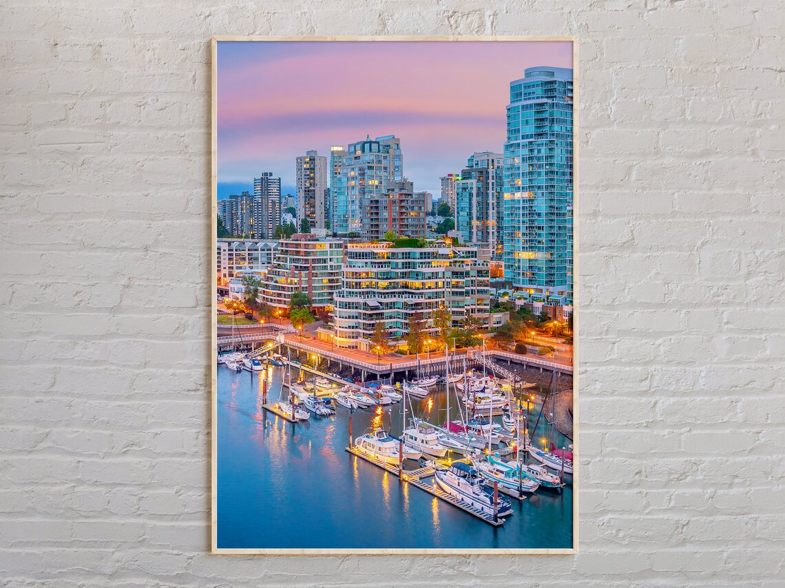Vancouver Canada Marina Skyline Twilight Cityscape Photo Poster