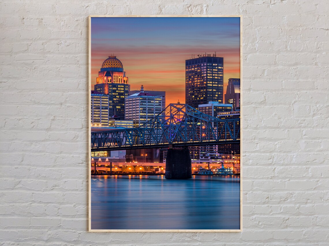 Louisville Kentucky Skyline Sunset Ohio River Bridge Photo Poster