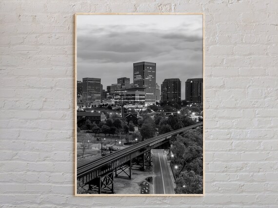 Black And White City Skyline Elevated Railway Night Photo Print