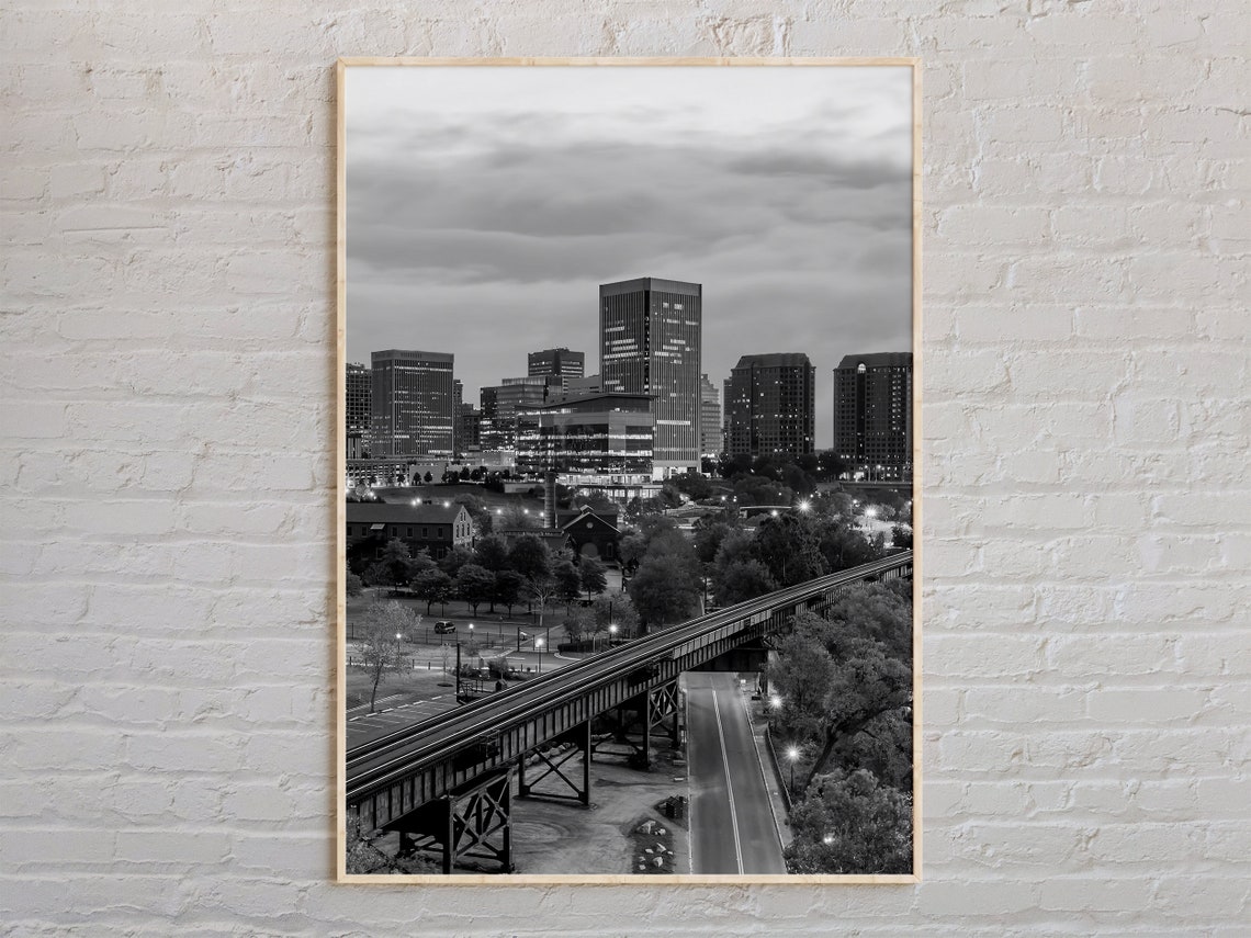 Black And White City Skyline Elevated Railway Night Photo Print