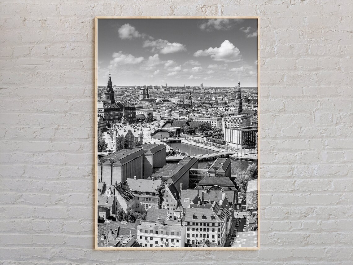 Copenhagen Denmark Aerial City View Black and White Photo Poster