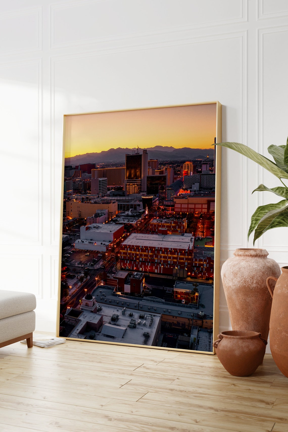 Las Vegas Nevada Downtown Skyline at Sunset with Mountains Poster - Image 2