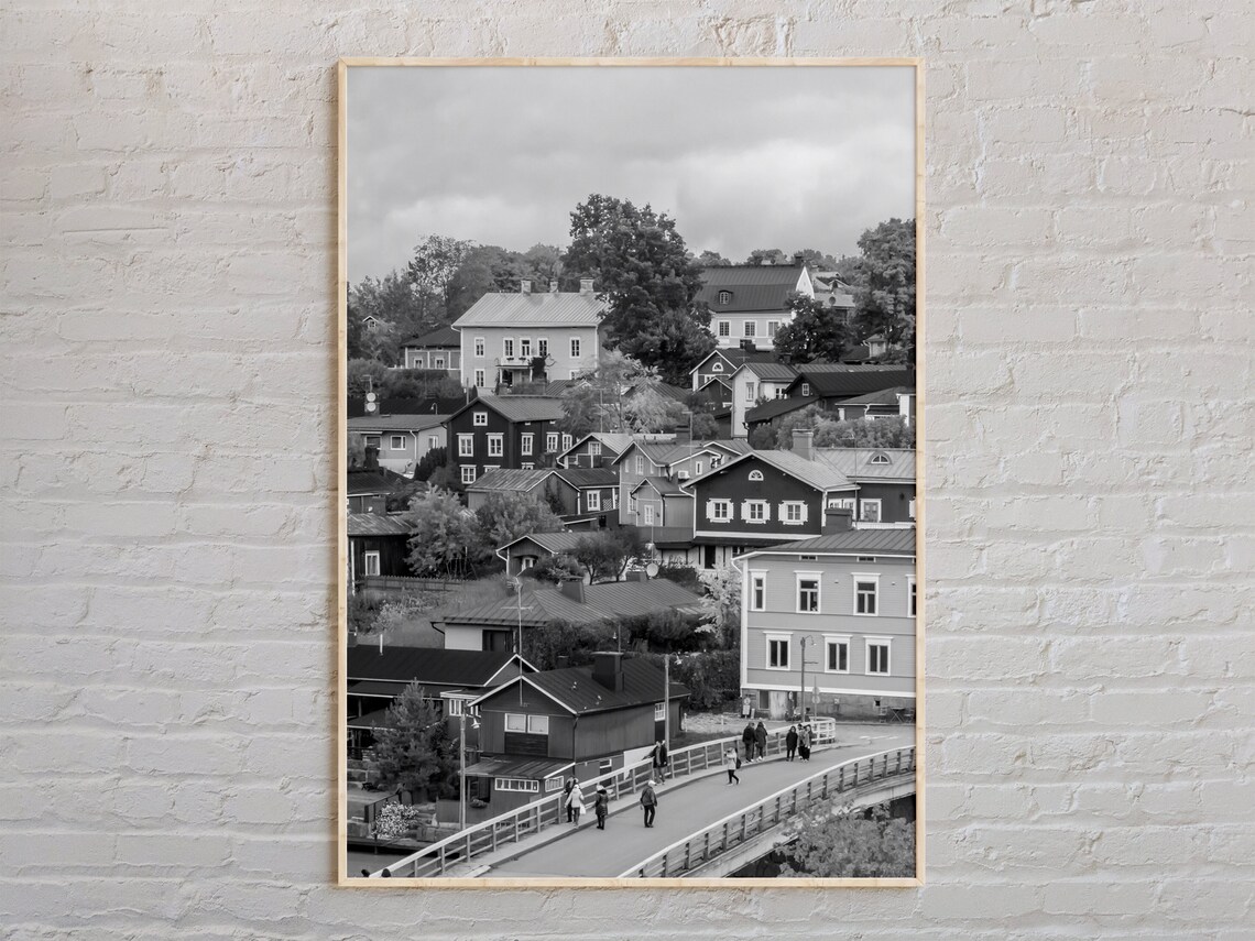 Black and White Finland Old Town Wooden Houses Bridge Poster