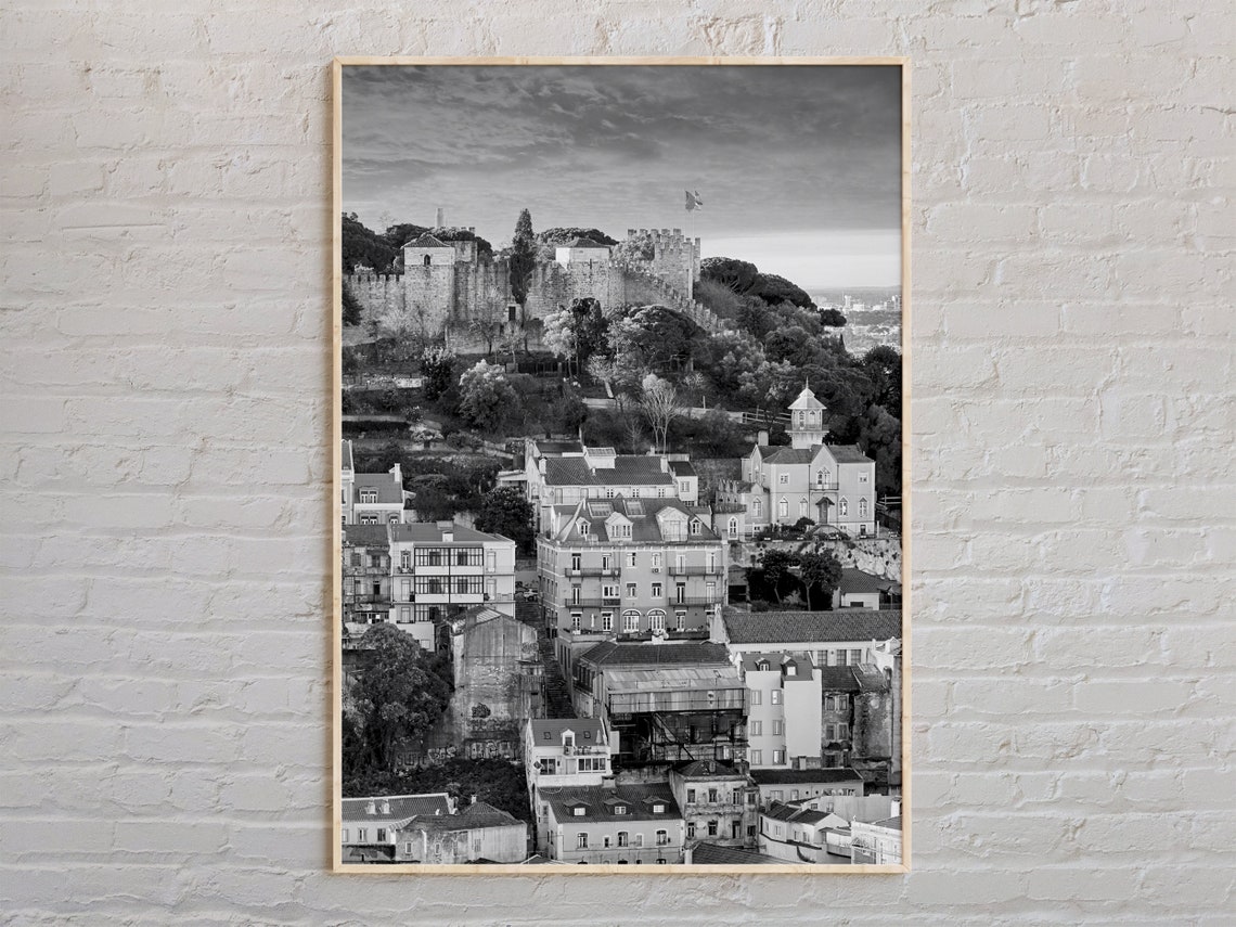 Lisbon Castle Hill Old Town Panoramic Black And White Photo Poster