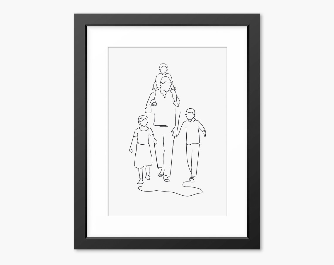 Father Walking With His Three Children Line Art Style Poster