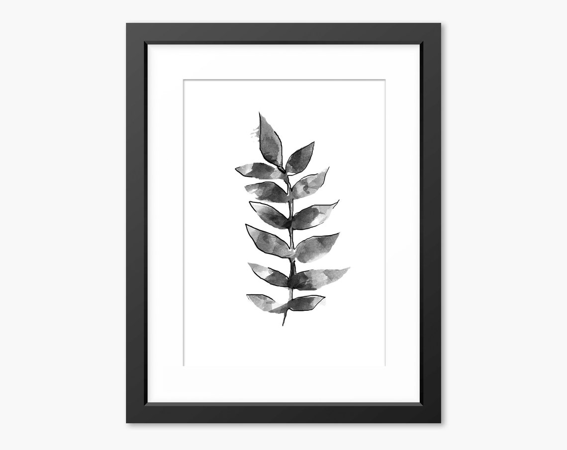 Black And White Watercolor Fern Leaf Sprig Botanical Art Poster