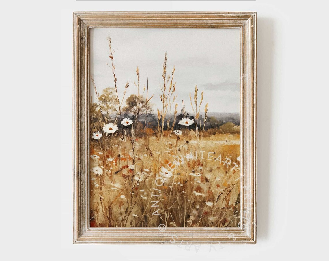 Vintage Wildflower Meadow White Daisies Golden Autumn Wall Art Print