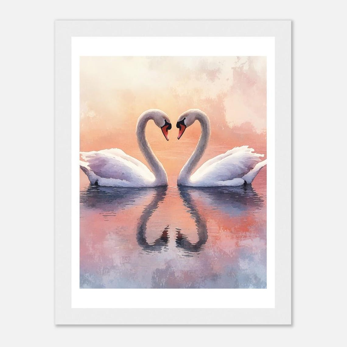 White Swans Heart Shape Romantic Pink Sunset Water Art Print - Image 3