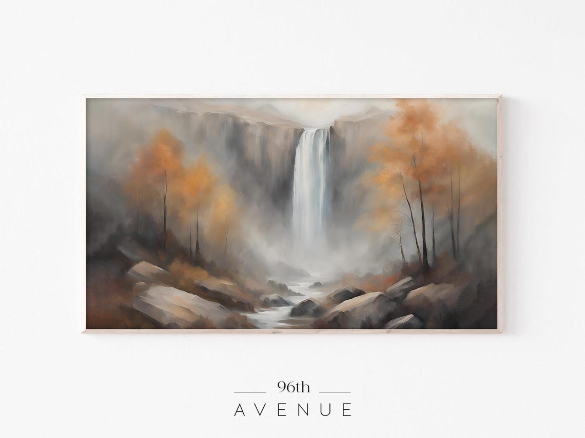 Misty Autumn Waterfall with Golden Trees Fall Landscape Poster