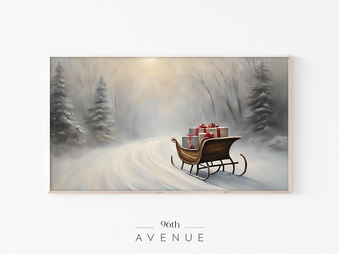 Christmas Sleigh Gifts Snowy Forest Road Vintage Painting Poster