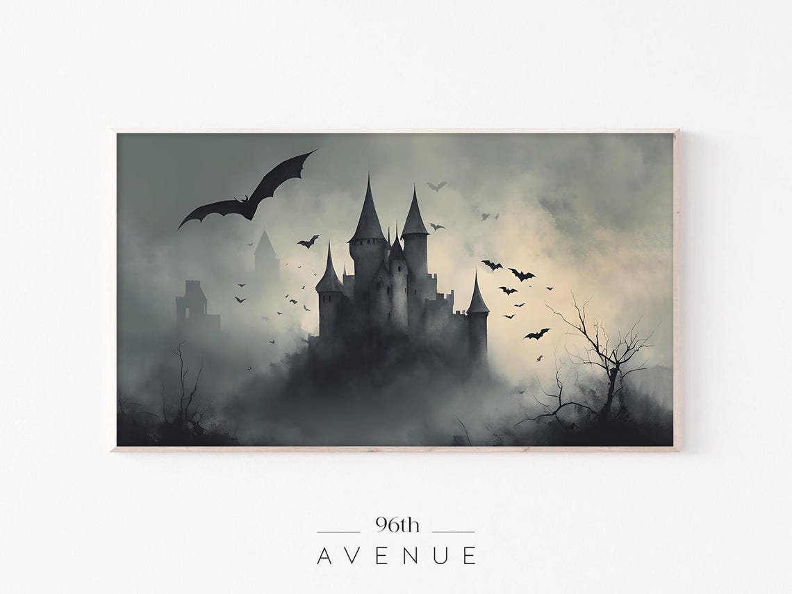Haunted Castle in Fog with Bats Spooky Gothic Halloween Poster