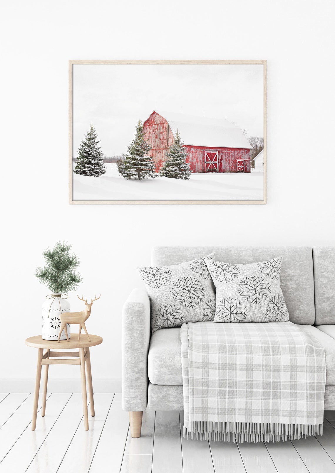 Winter Red Barn Christmas Art Print - Image 2