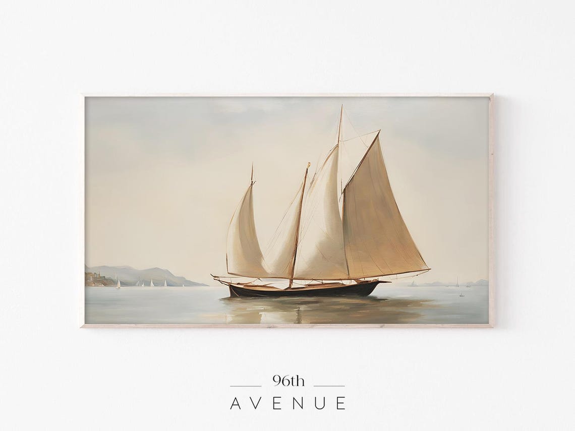 Vintage Sailboat Full Sails on Calm Water Hazy Coastal Art Print