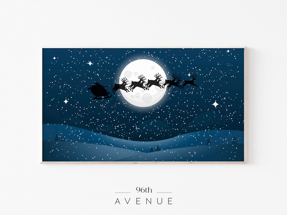 Santa Sleigh Silhouette Across Bright Full Moon Snowy Hills Poster