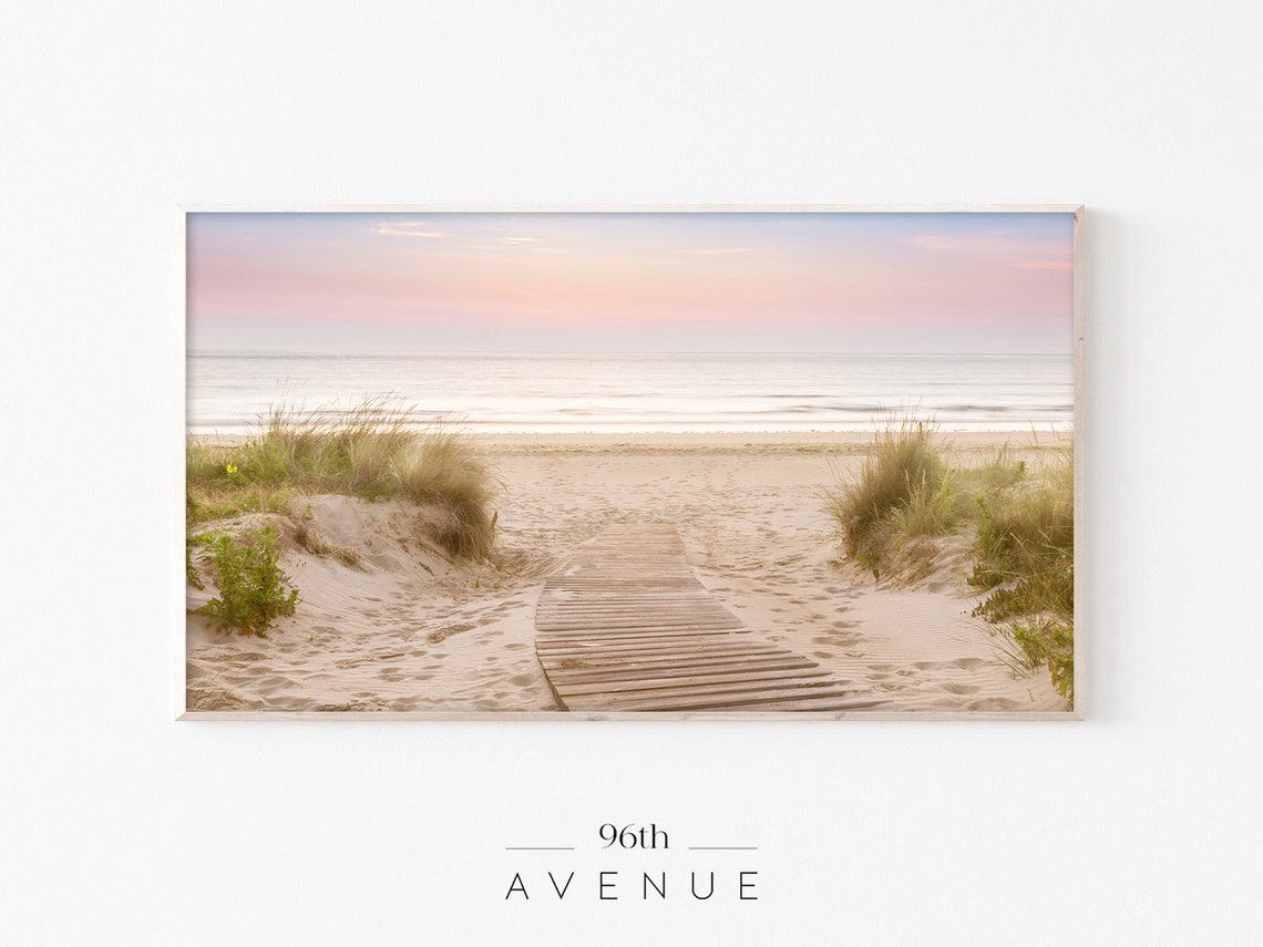Wooden Beach Boardwalk Over Dunes at Pastel Sunrise Art Poster