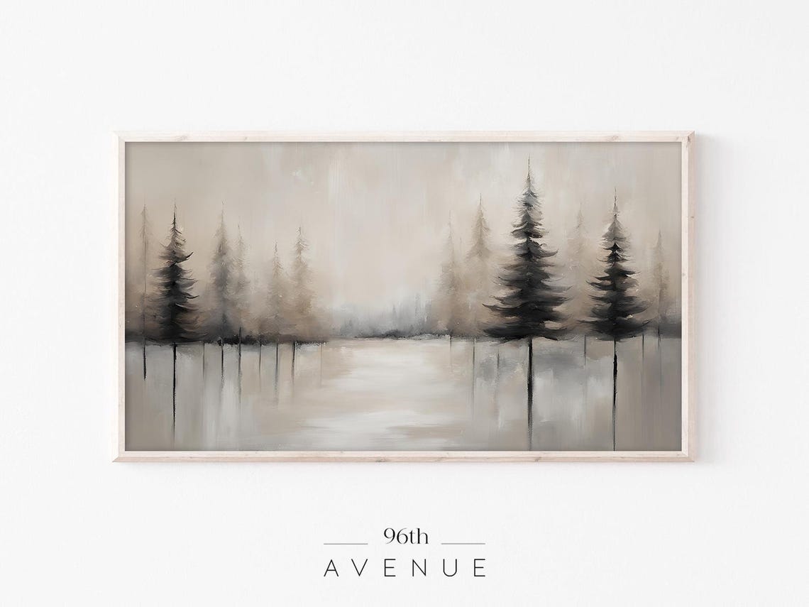 Neutral Winter Pine Forest Painting Misty Lakeside Landscape Poster