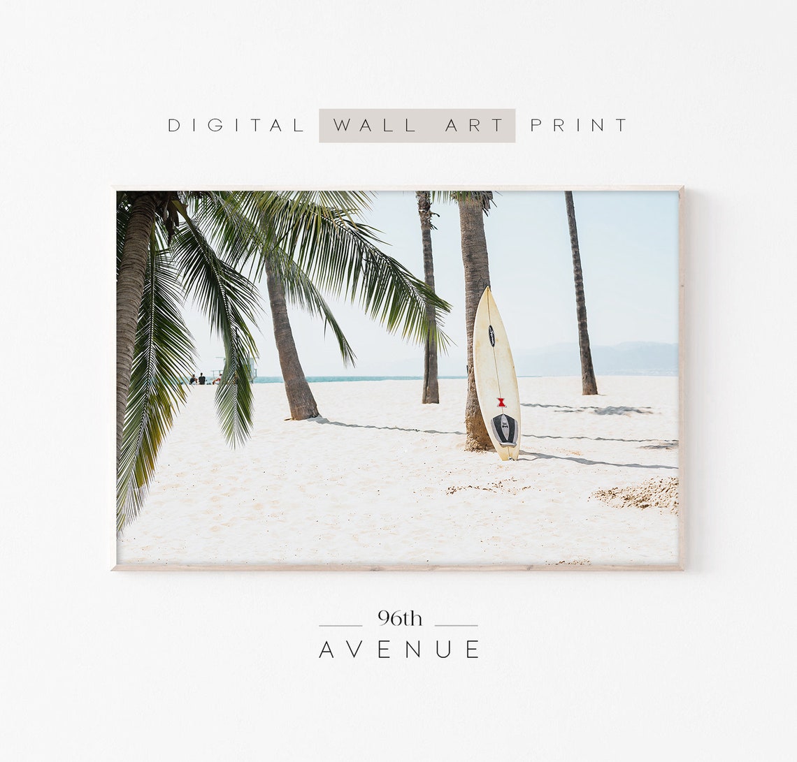Surfboard Leaning on Palm Trees White Sand Beach Scene Poster
