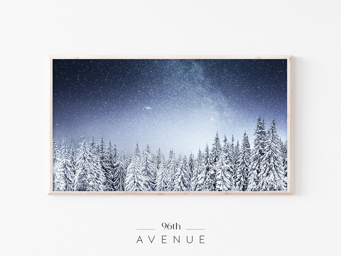 Starry Night Sky over Snowy Pine Forest Winter Photography Poster