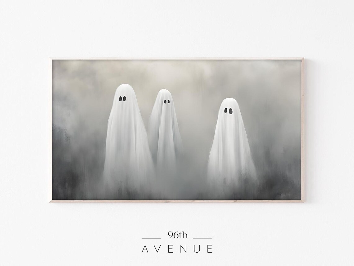 Three Cute Ghosts in Fog Spooky Minimalist Halloween Art Poster
