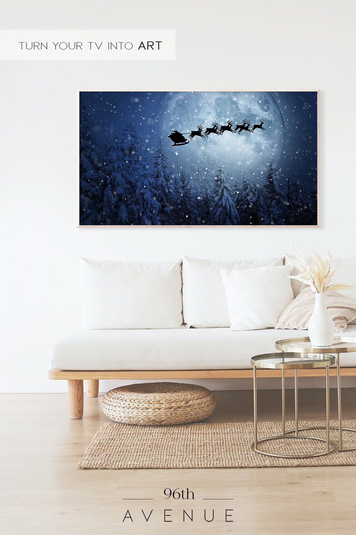 Santa Claus Sleigh Reindeer Blue Christmas Art Print - Image 2