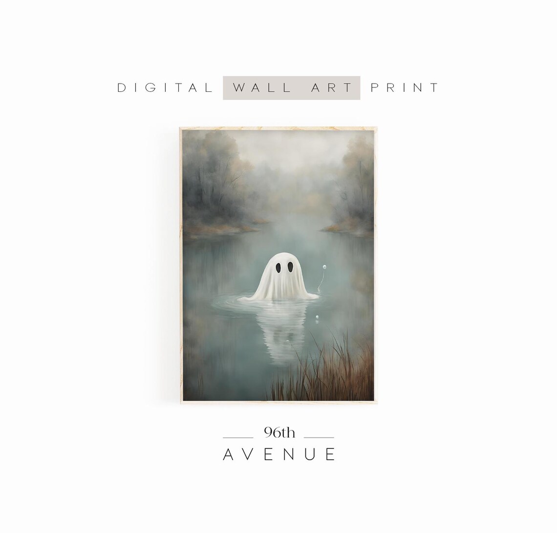 Ghost In Moody Lake Landscape Halloween Wall Art Spooky Season Wall Decor